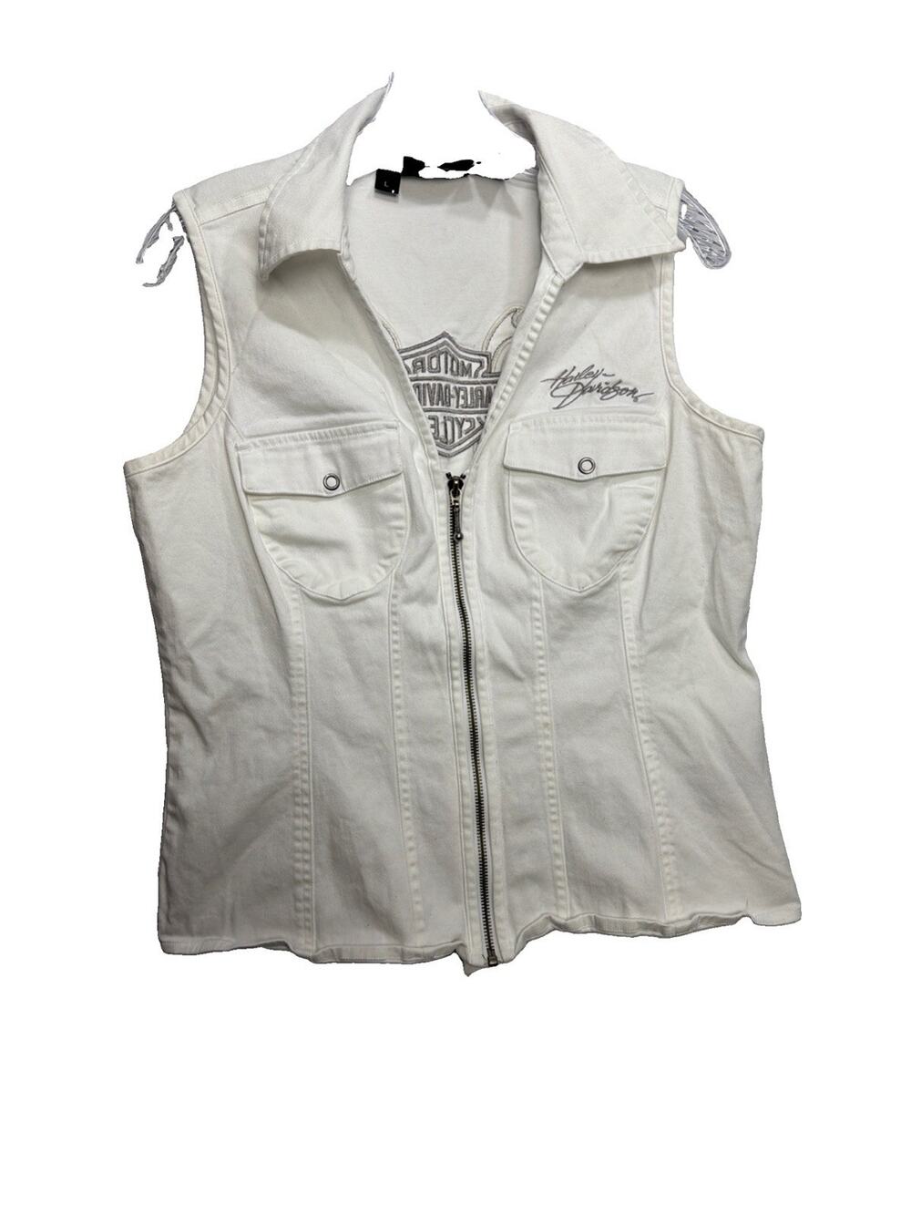Harley Davidson Motorcycle Vest Women’s L White Denim Corset Bling Back
